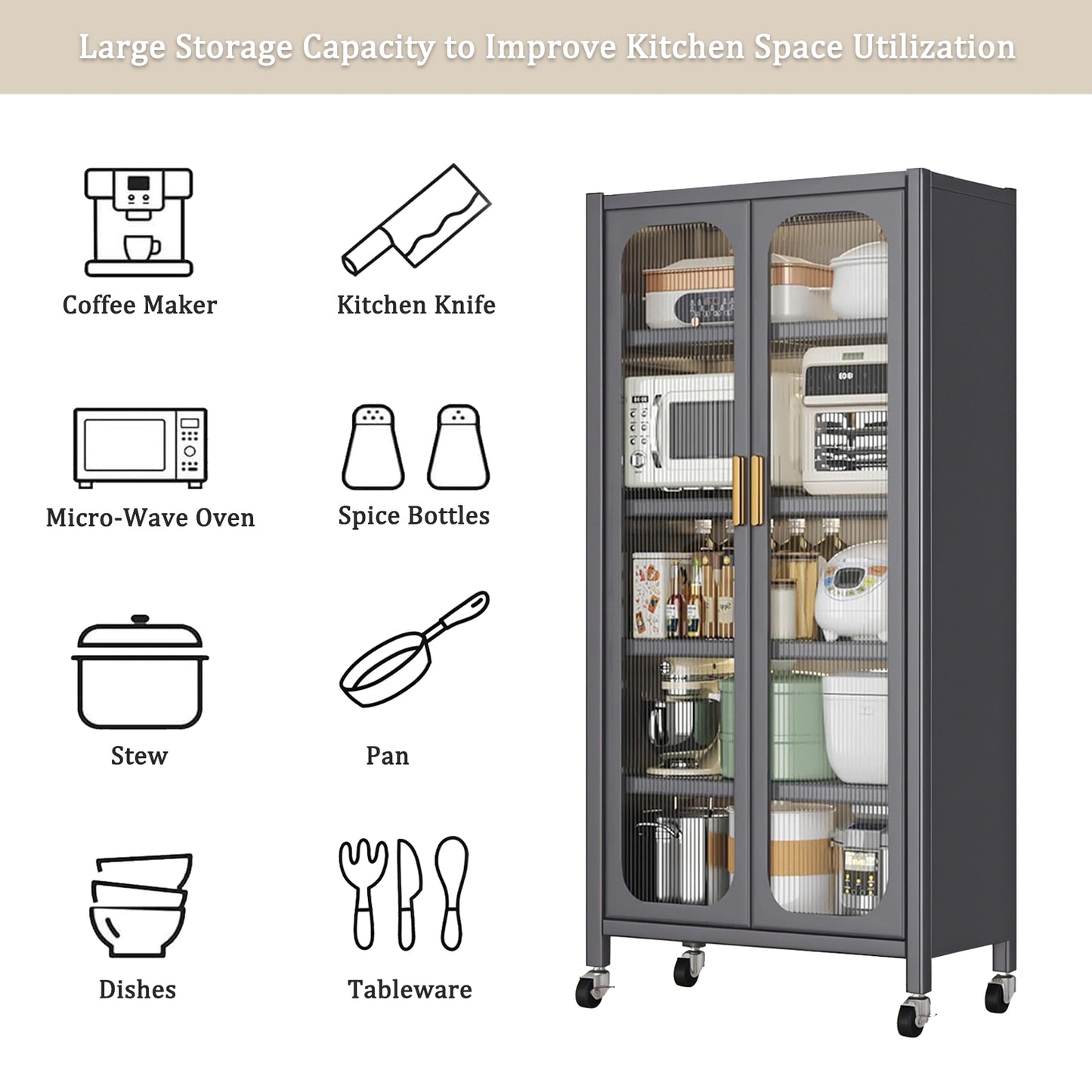 65" Metal Kitchen Pantry Storage Cabinet with Transparent Door