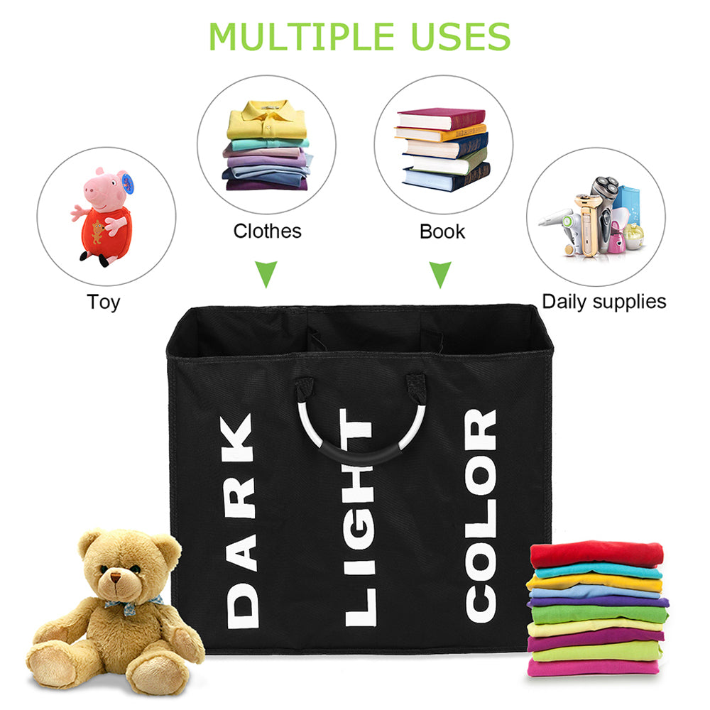 Collapsable 3-section Laundry Bag Foldable Hamper Durable Oxford