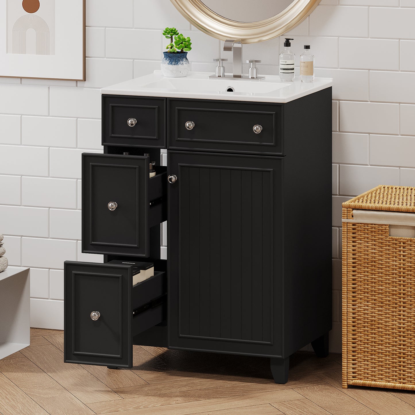 24-Inch Black Bathroom Vanity Cabinet with Ceramic Sink, 2 Drawers