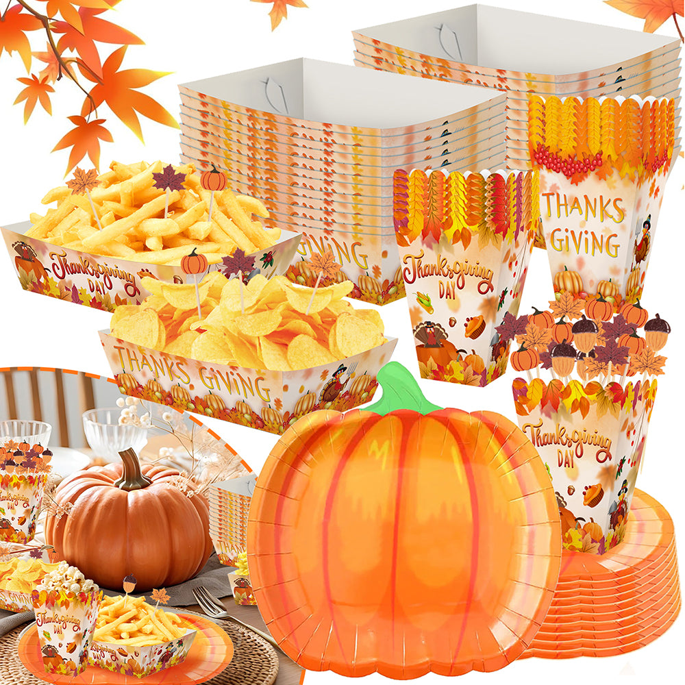 Thanksgiving Party Tableware Set - 134 Pcs Pumpkin Plates & Picks