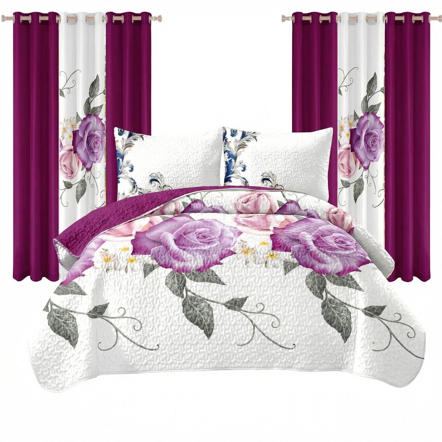 9-Piece Room In A Bag Quilt & Curtain Set - Deep Magenta Floral