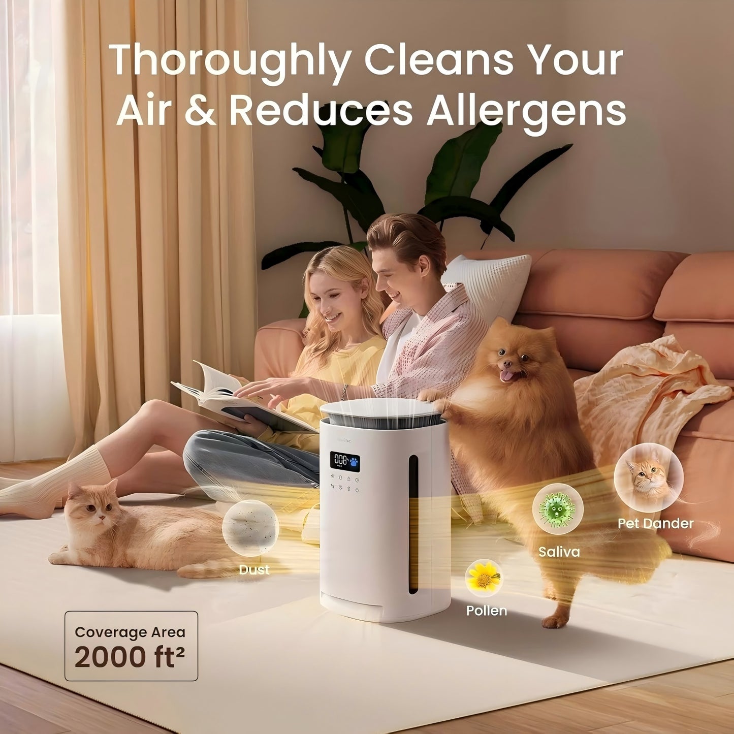 Pet Air Purifier with HEPA Filter for Large Rooms Up to 2000 Sq Ft - Odor & Pet Hair Reduction