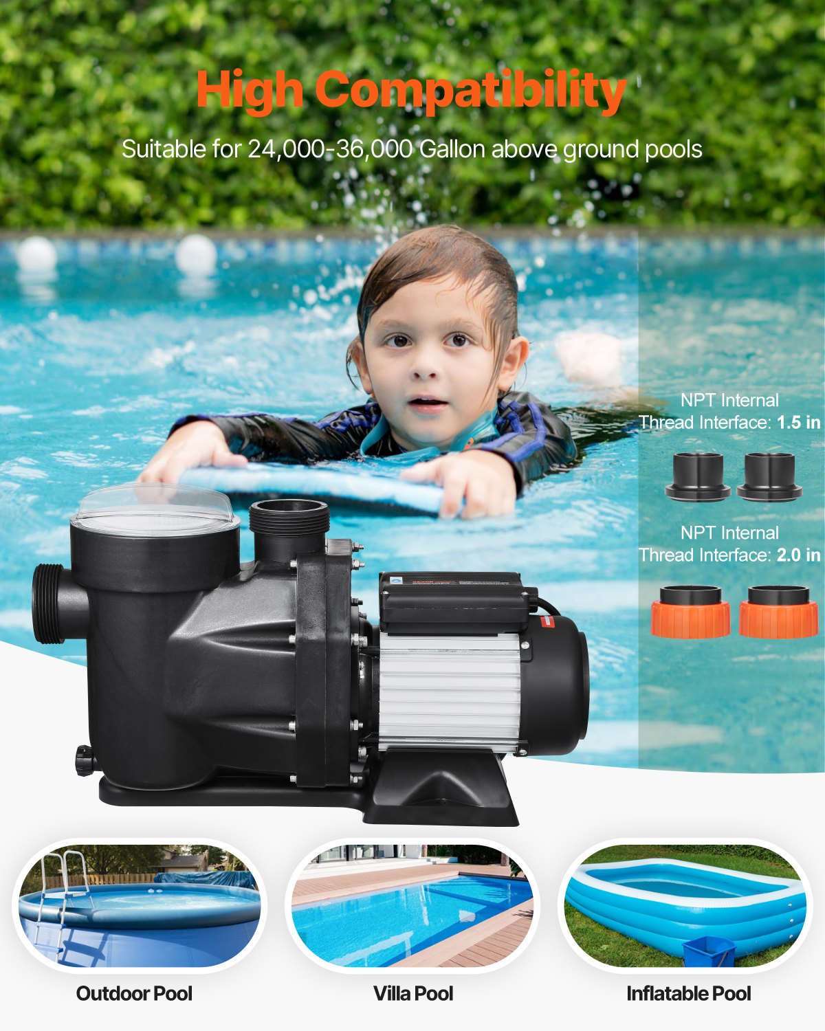 2 HP Above Ground Pool Pump - Single Speed 122 GPM 3450 RPM 220V Black