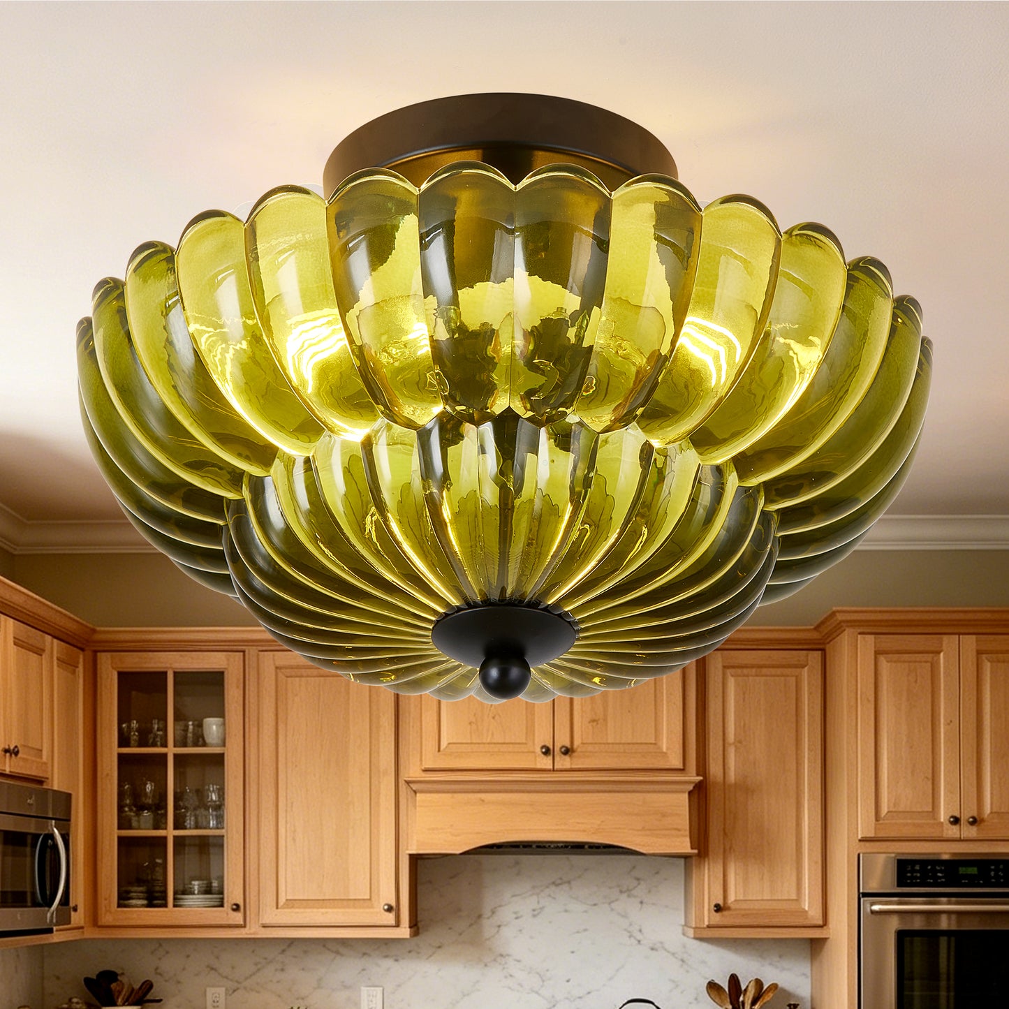 Green Glass Semi Flush Mount Ceiling Light - 3-Bulb Modern Fixture for Living Room & Bedroom