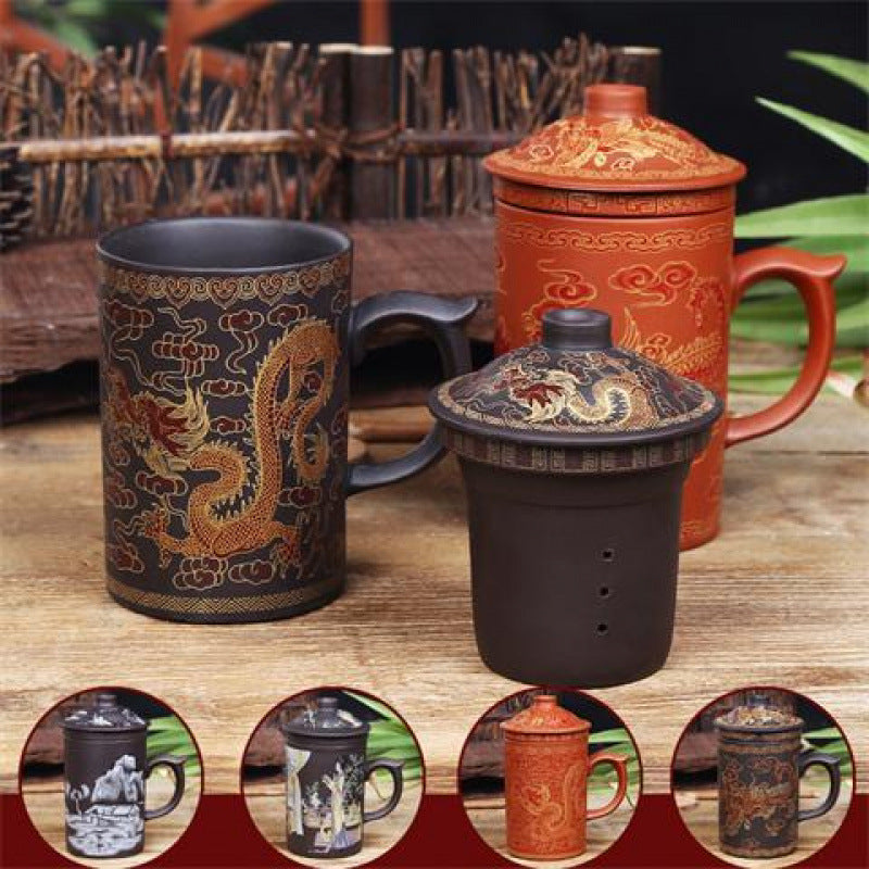 Ceramic Tea Cup Set with Cover and Filter - Handmade Chinese Style, 360ML
