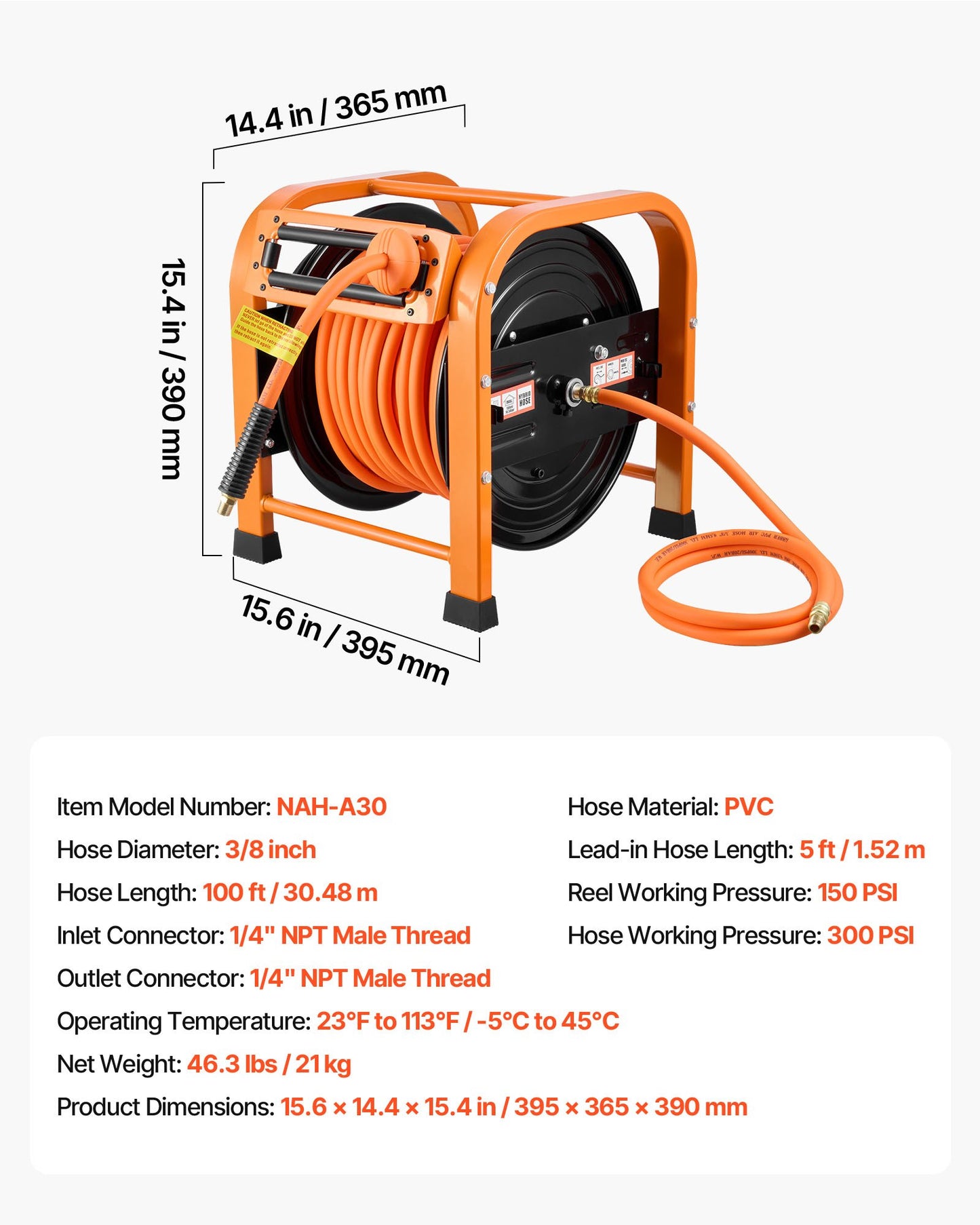 Retractable Air Hose Reel 3/8 Inch x 100 Ft PVC Heavy Duty Steel Portable Garden