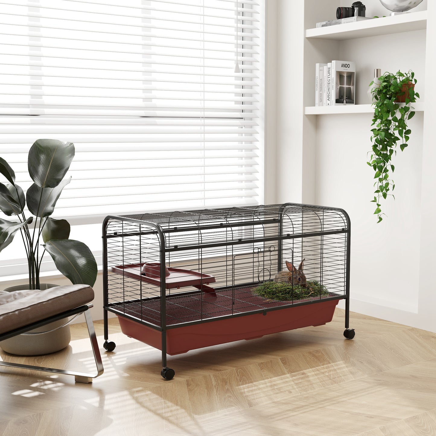 48-Inch Small Animal Cage with Wheels, Platform, Ramp & Feeder for Rabbits & Ferrets