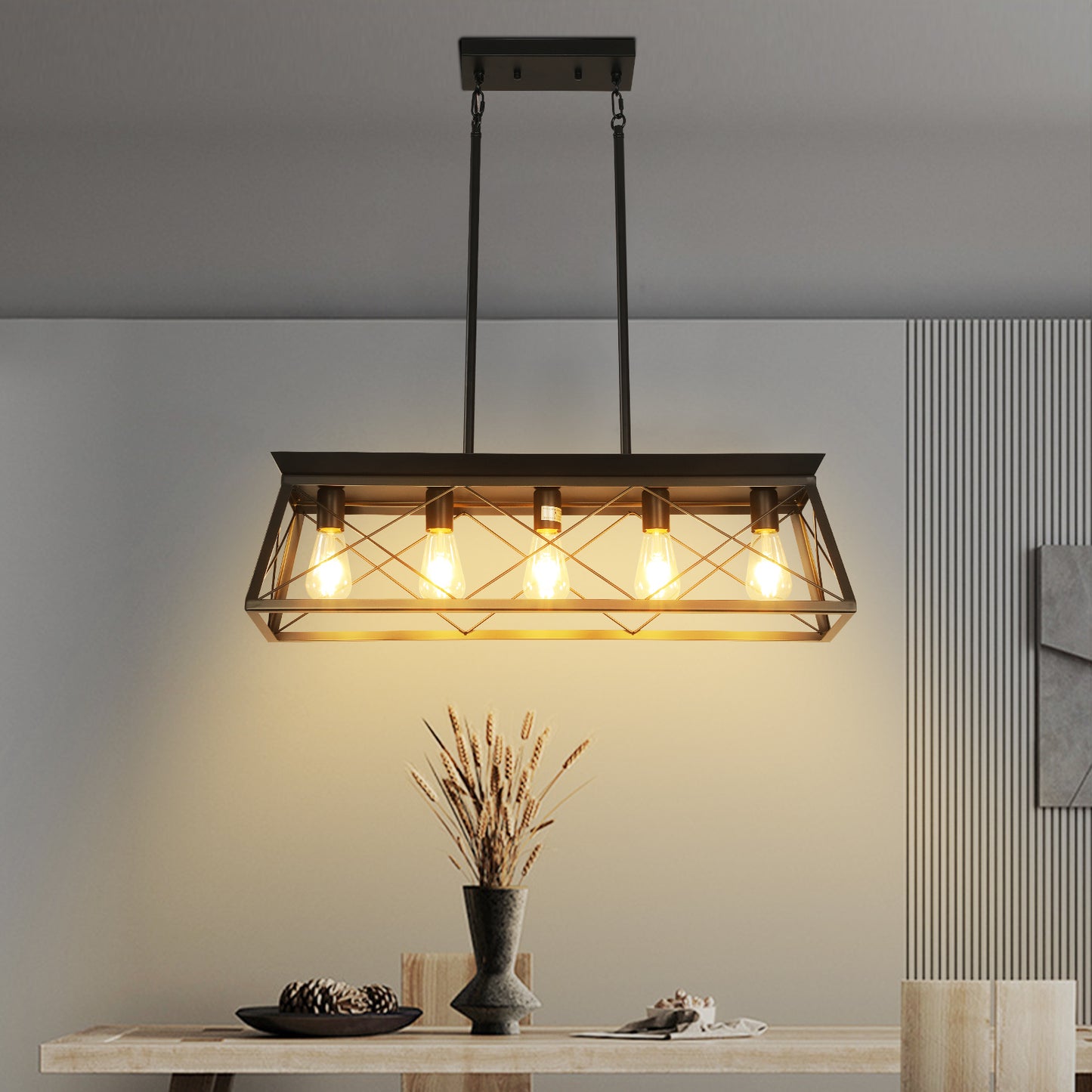 32-Inch Black Industrial 5-Light Pendant Chandelier - Adjustable