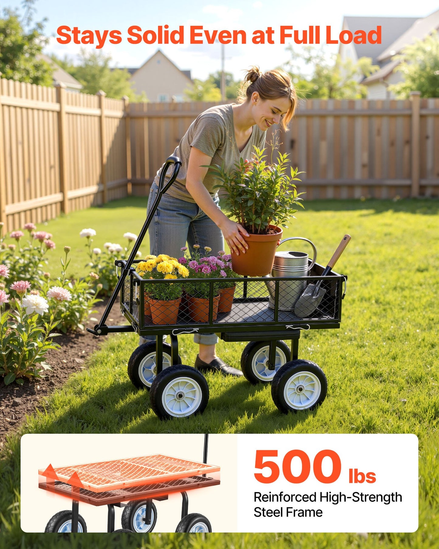 Heavy Duty Garden Cart with Seat & Tool Tray - 500 LBS Load Capacity, Rolling Steel Yard Wagon