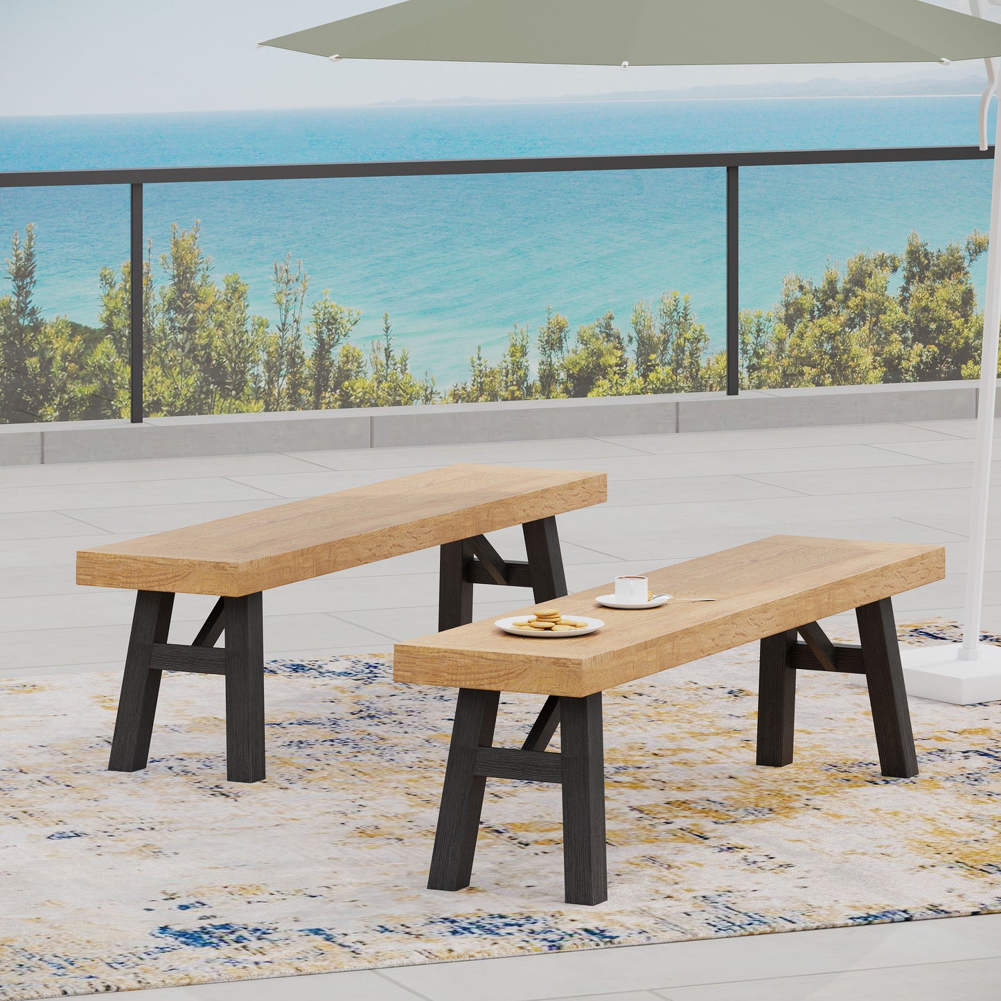 Outdoor Bench Set of 2 - Slat Panel Design, Acacia Wood, Grey