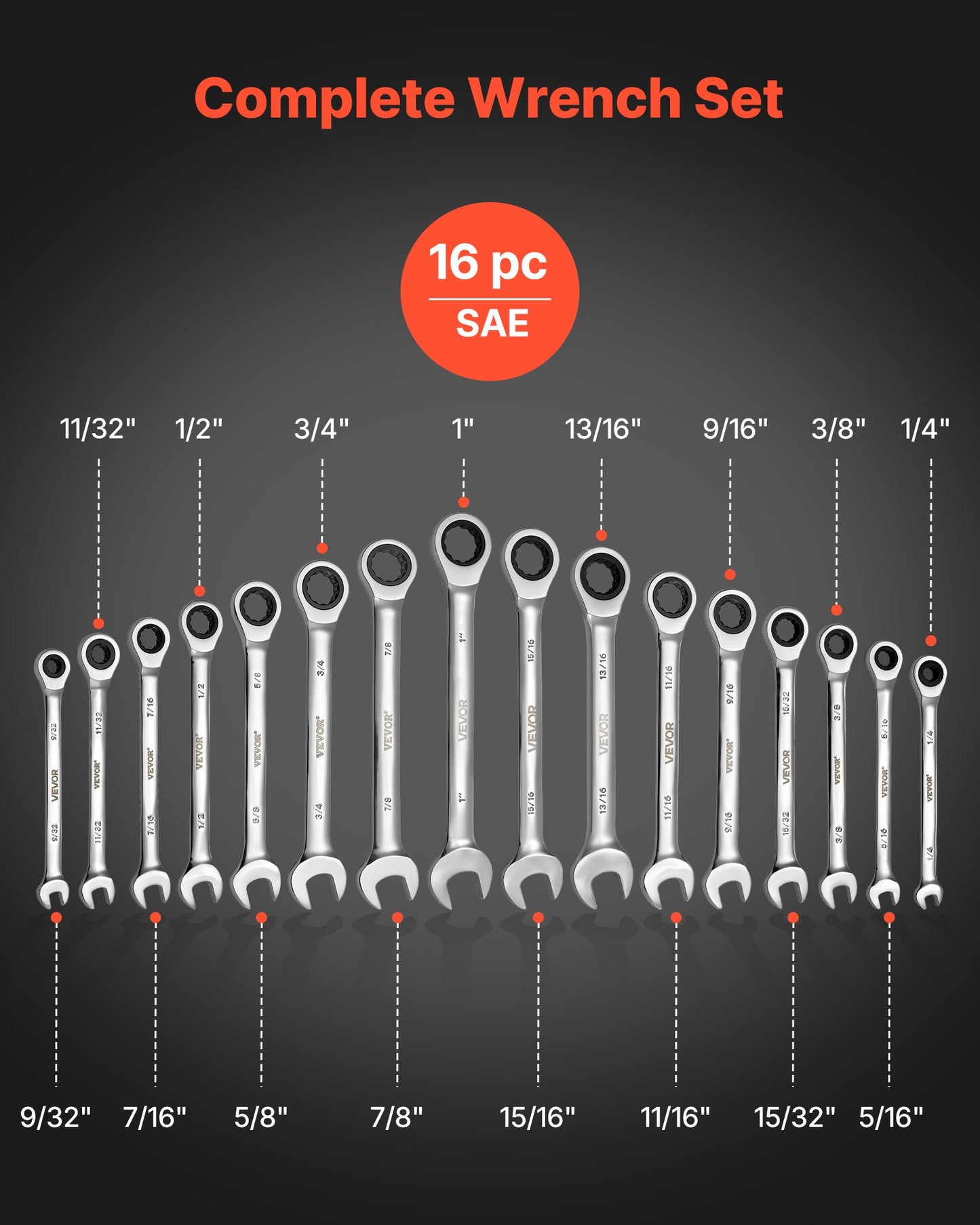16-Piece SAE Combination Wrench Set with Ratchet, Open End, Steel, Black