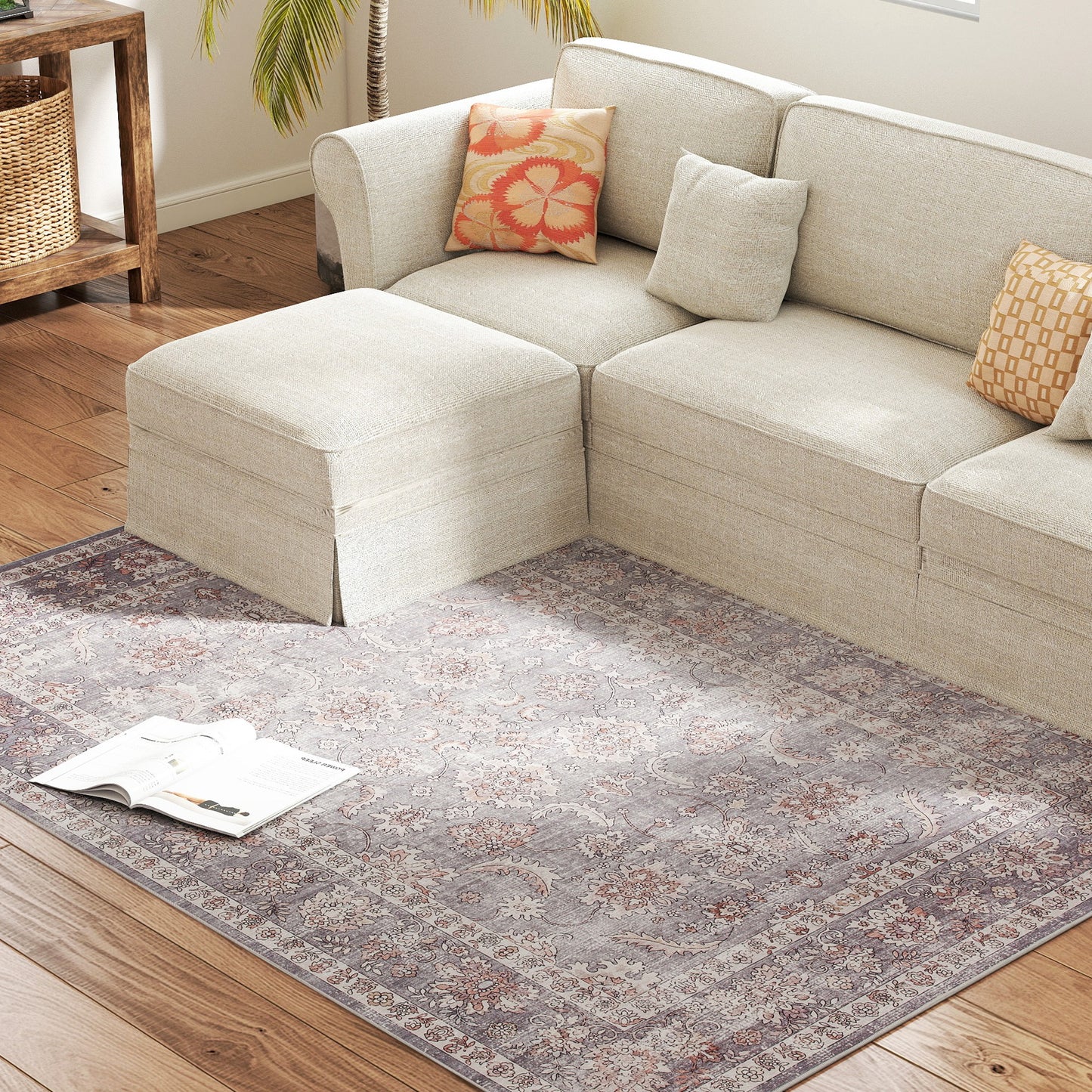 Machine Washable Floral Area Rug 4x6 - Grey & Brown