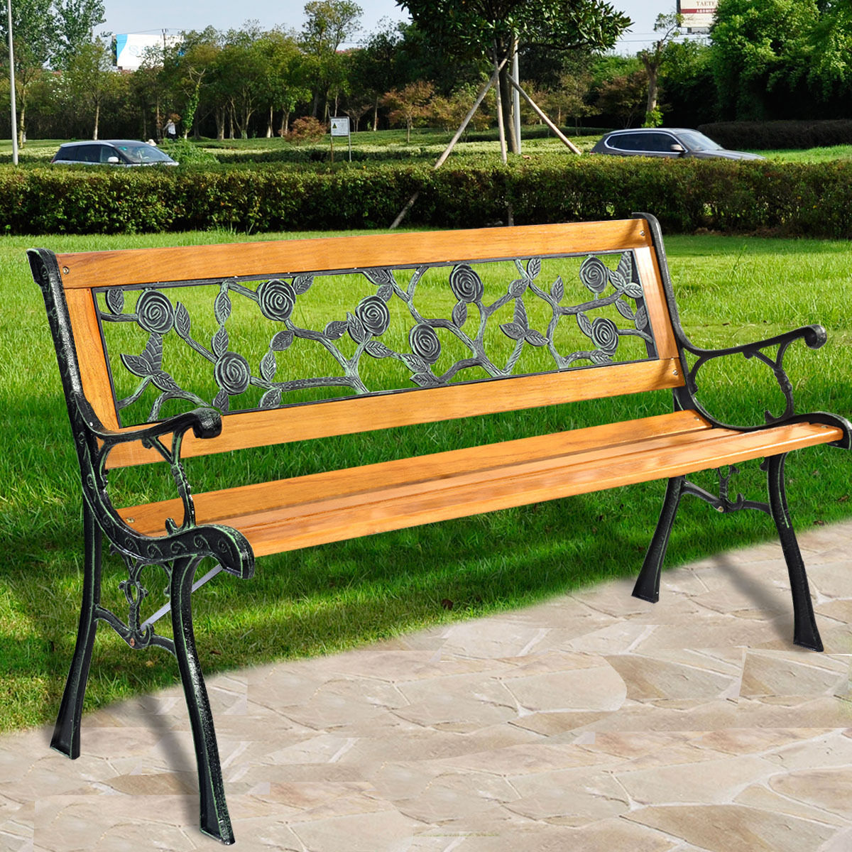 Outdoor Porch Bench - 49.5" Iron Frame with Wooden Seat