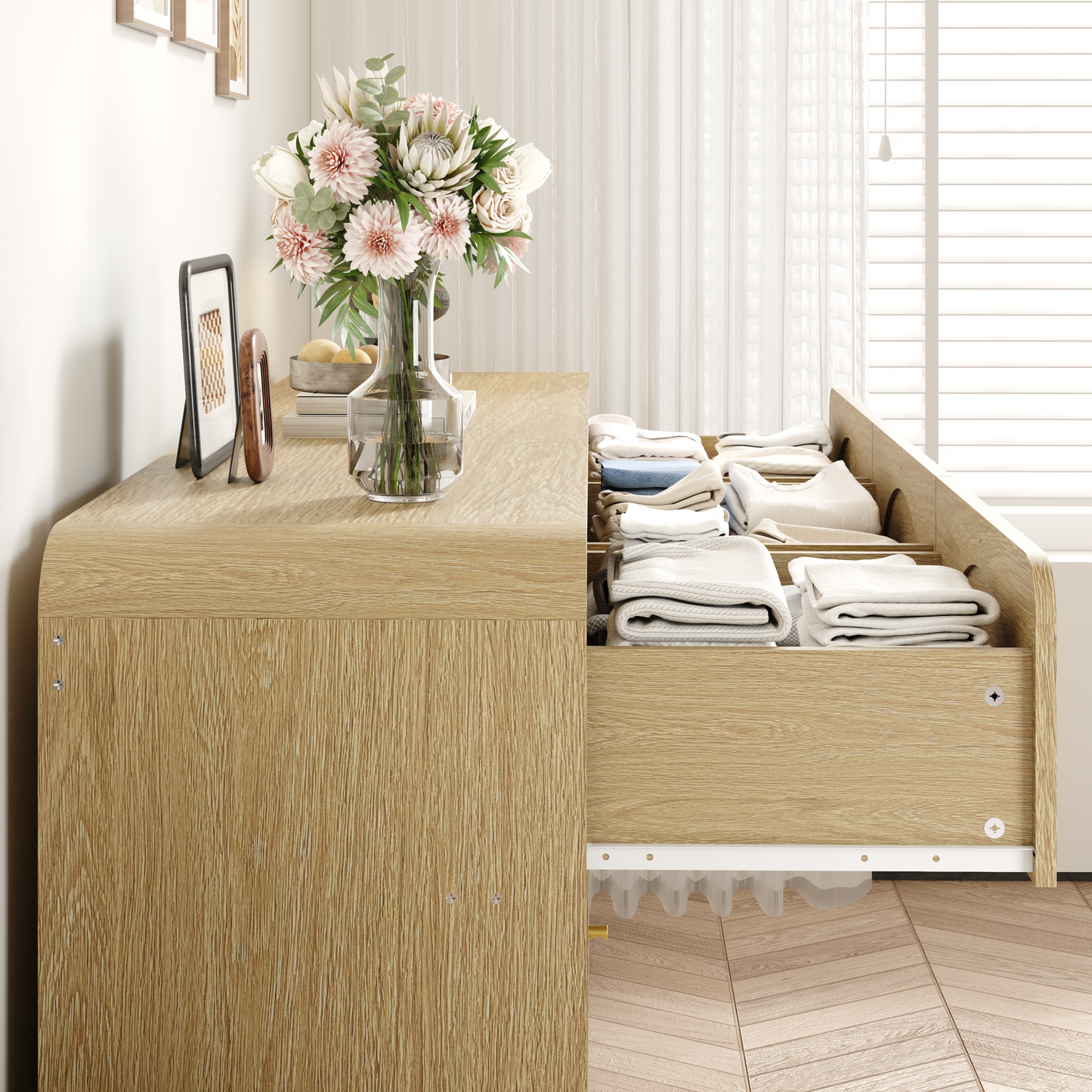 9-Drawer Rattan Dresser - Modern Walnut Storage Cabinet