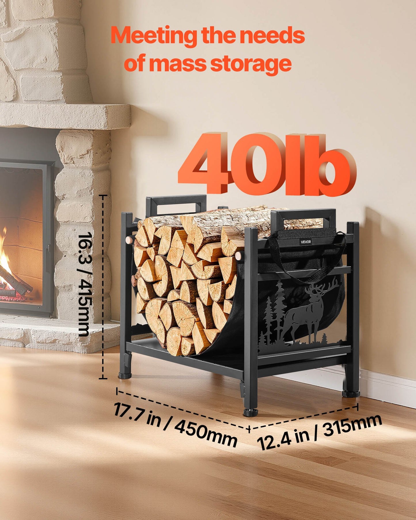 Heavy Duty Firewood Rack with Canvas Log Carrier - 1.5 Ft Steel Indoor Wood Storage Stand