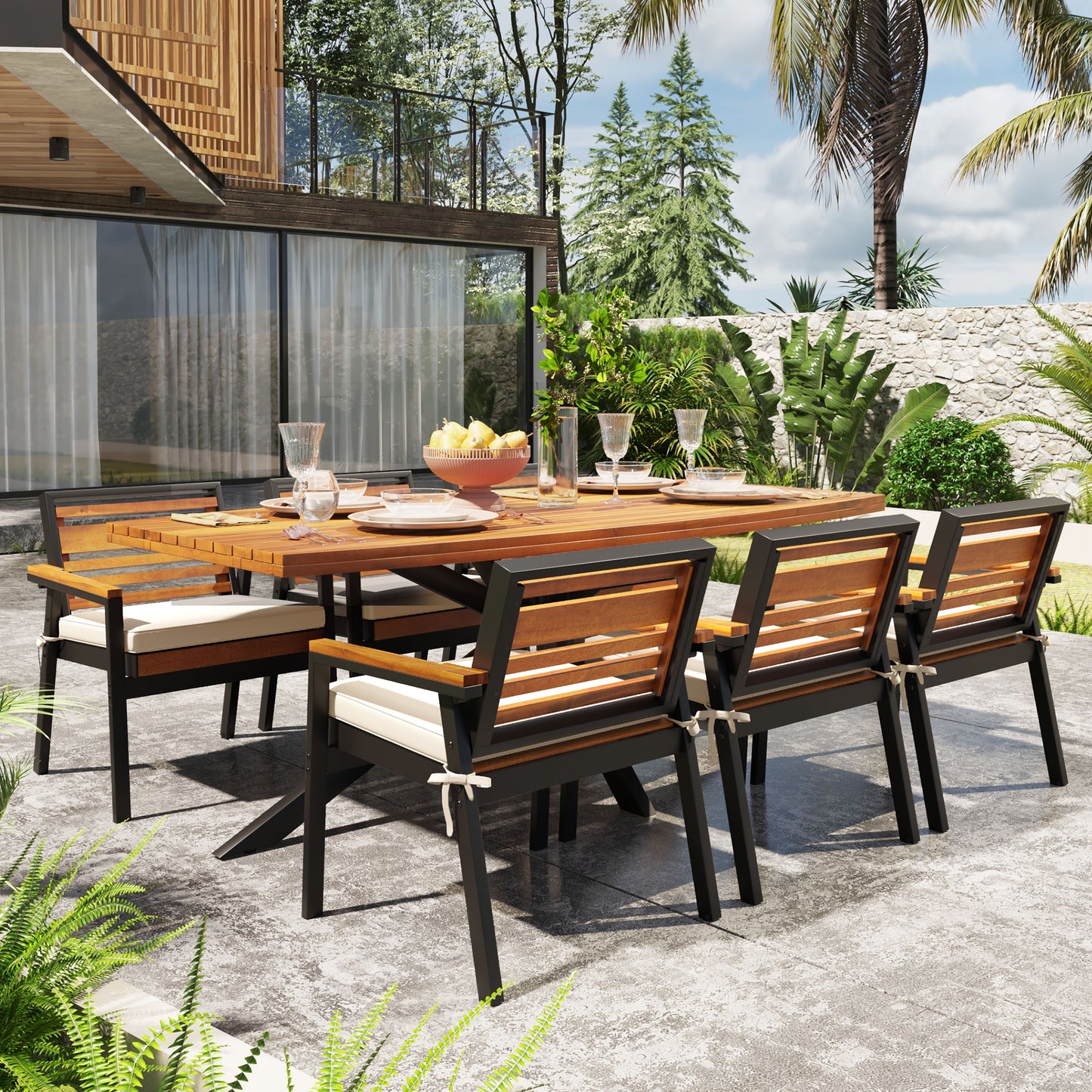 Modern 7-Piece Dining Set, Acacia Wood With Iron Frame, 6 Chairs