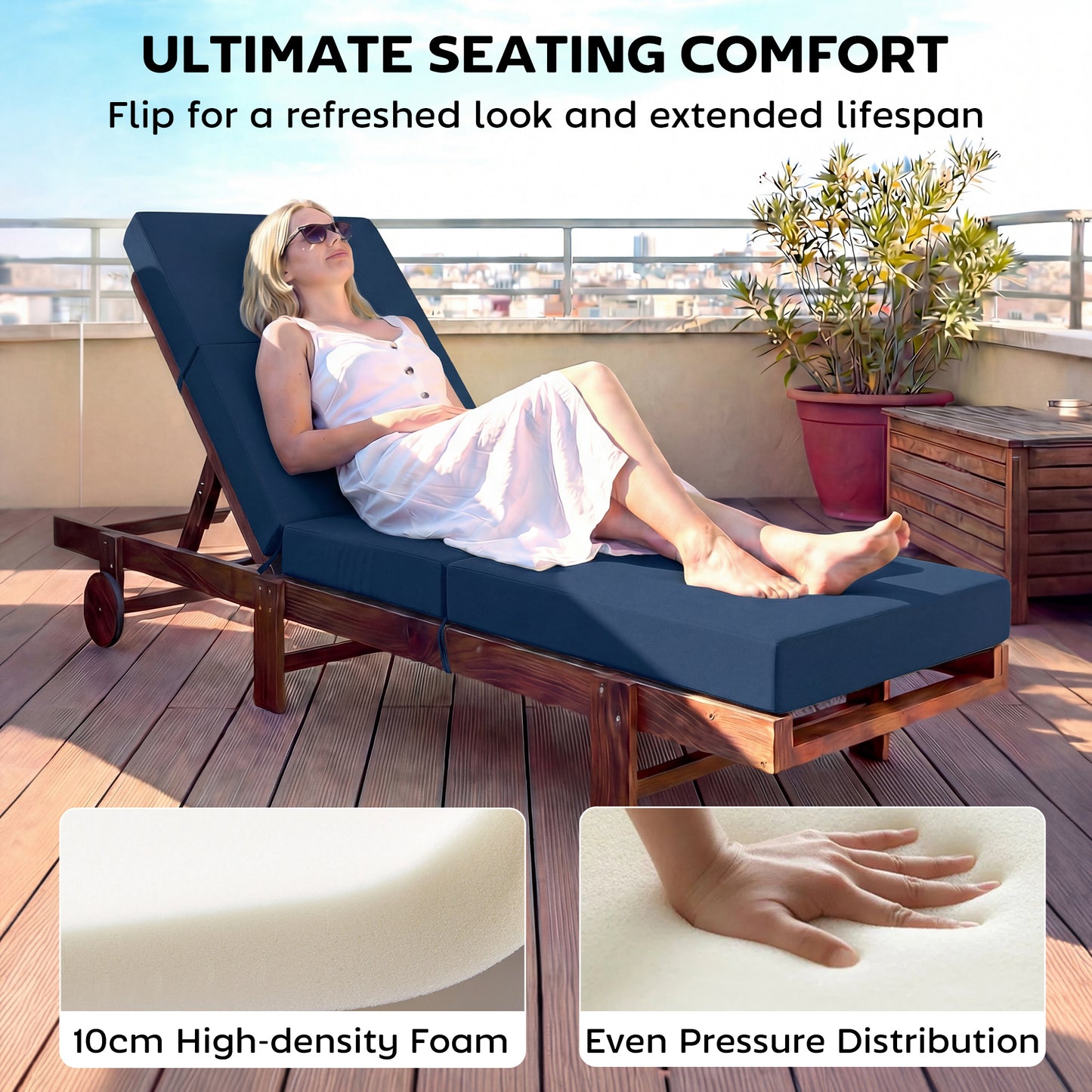 Outdoor Lounge Chair Cushion - 4" Thick, Navy Blue, 26" x 80"