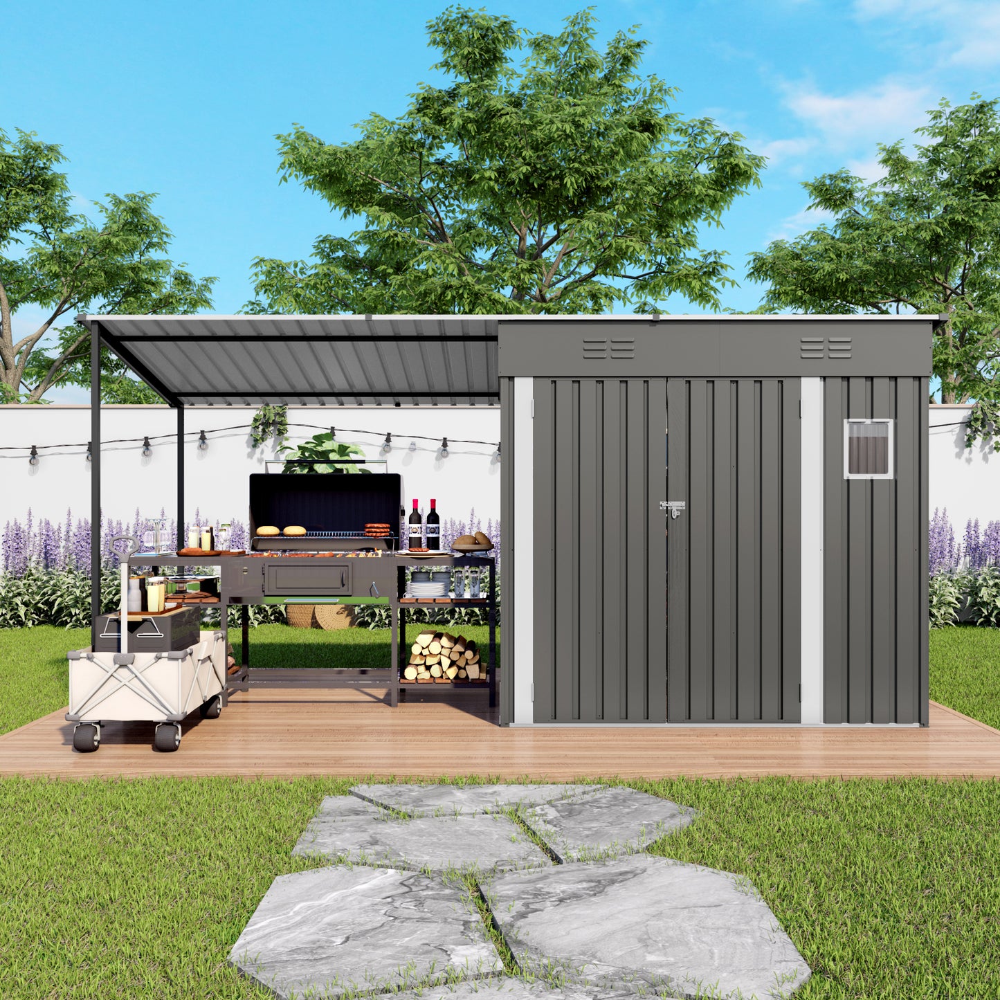 12x4ft Metal Lean To Shed With Open-Sided Pergola , 4'x6' Outdoor