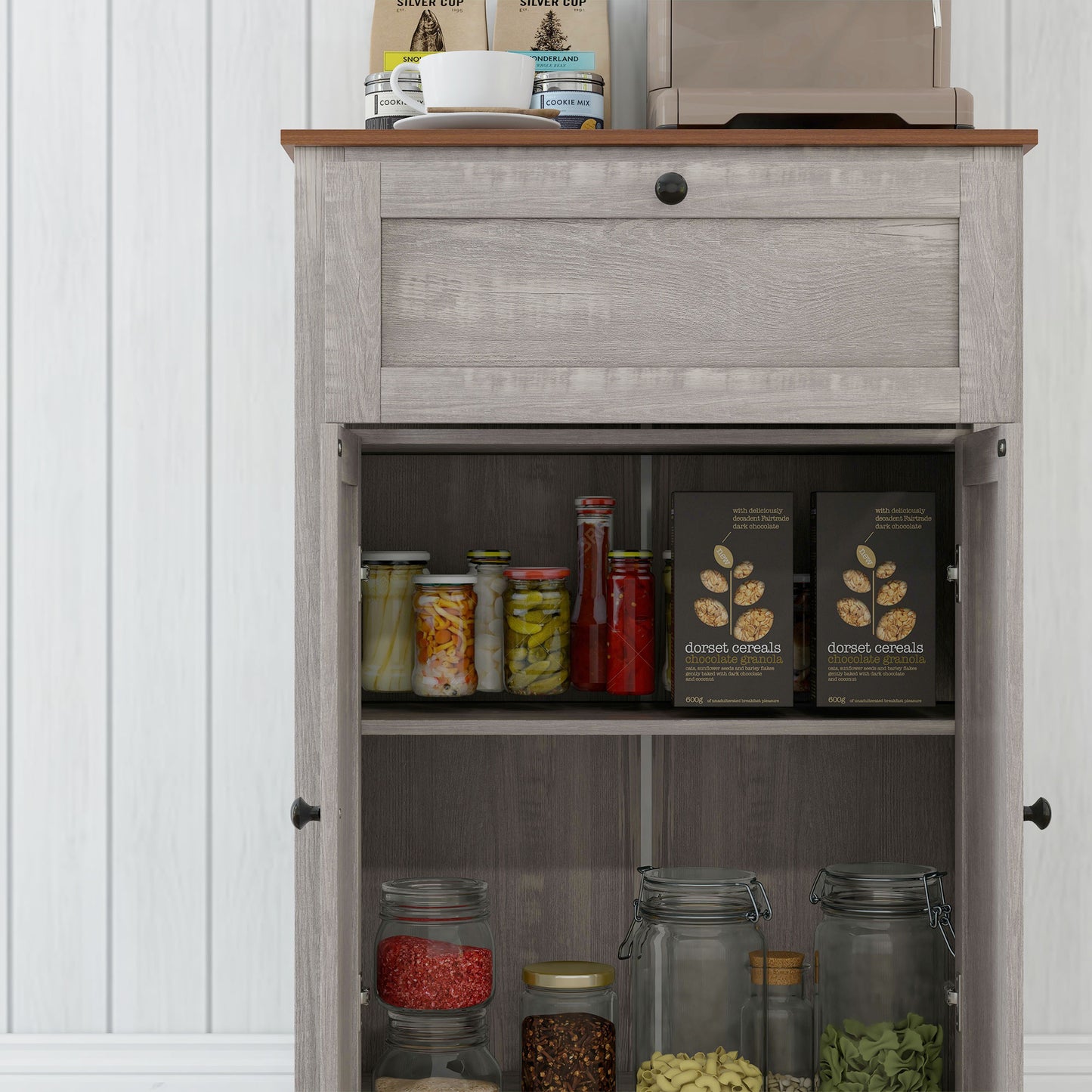 Farmhouse Storage Cabinet with Doors and Drawer - Light Gray