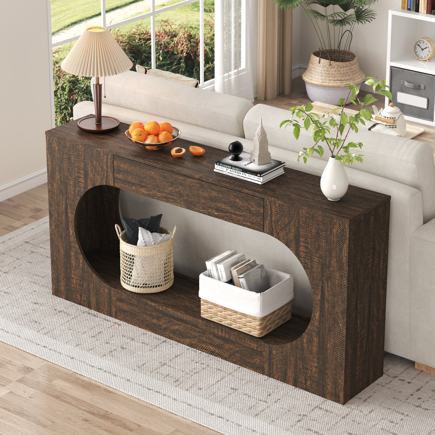 Narrow Walnut Wood Grain Console Table with Drawer - 63"