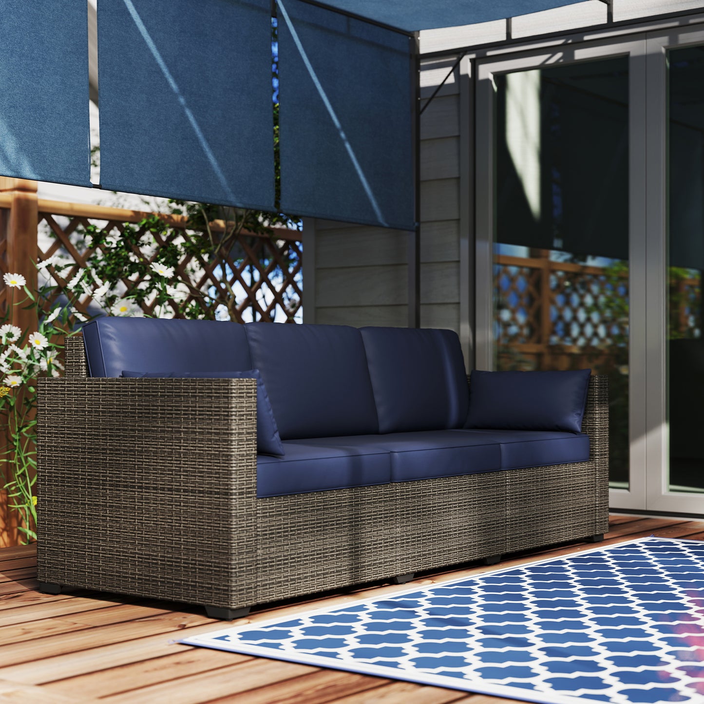 3-Seater Rattan Outdoor Sofa with Removable Cushions - Navy Blue