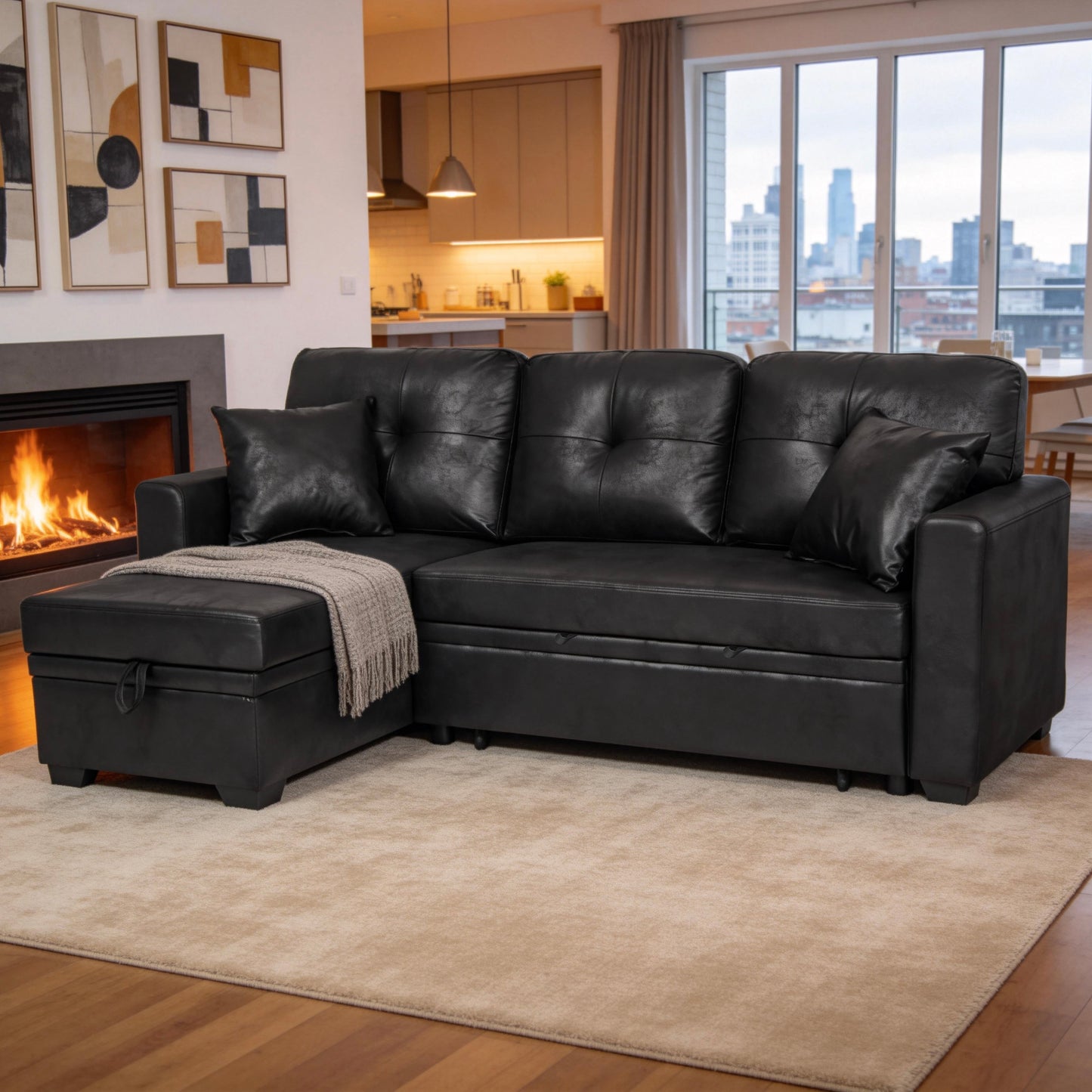 Sleeper Sofa with Pull-Out Bed & Reversible Chaise - Black