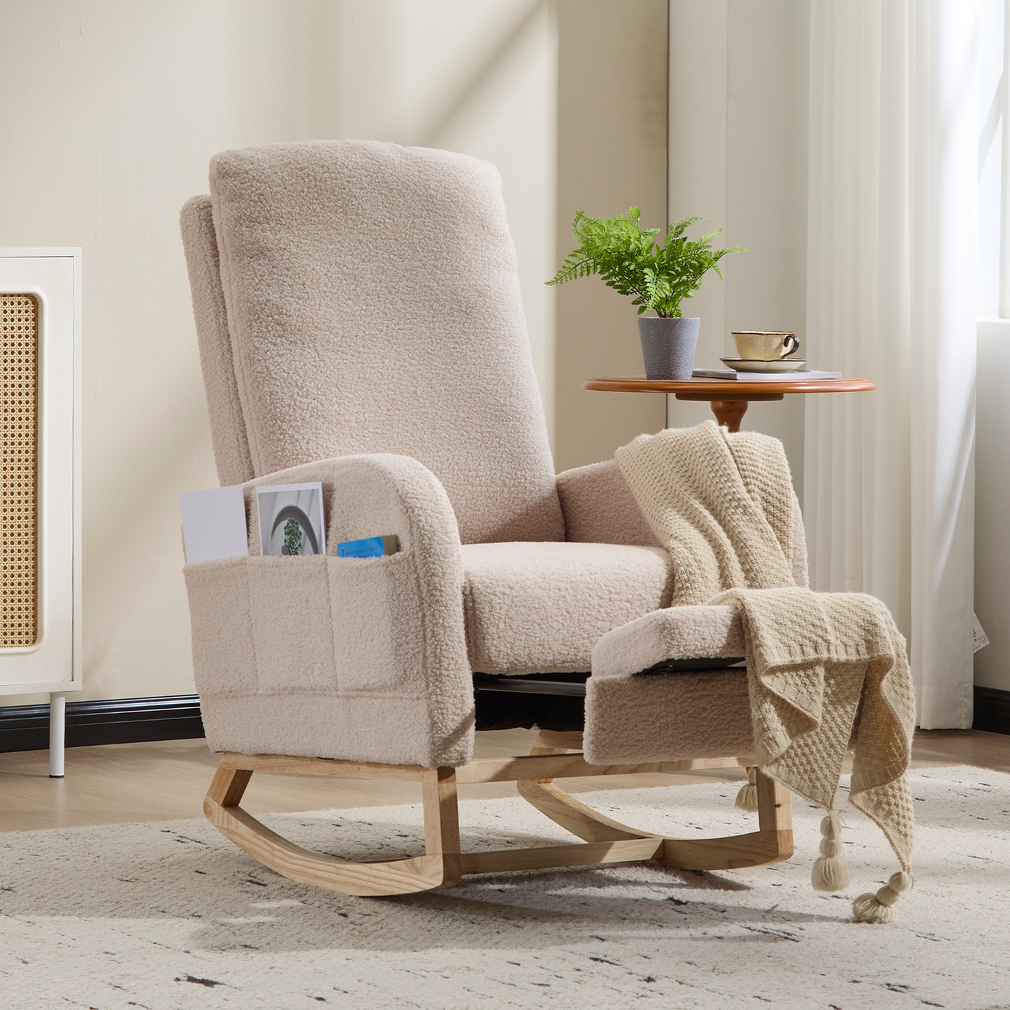 Modern Accent Rocking Chair with Solid Wood Legs - Beige