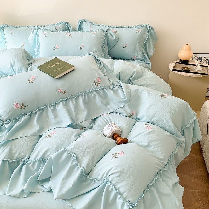 Embroidery Bedding Set with Washed Cotton and Brushed Hair - Four Piece Bed Linen