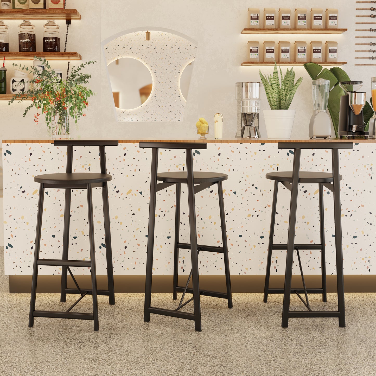 27" H Barstool Set of 3 Wooden Counter Stools with Footrest - Black