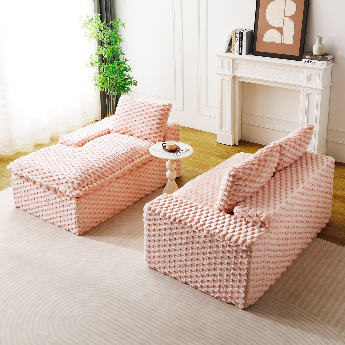 Convertible Pink Turtle Velvet Sofa with Left Chaise Lounge