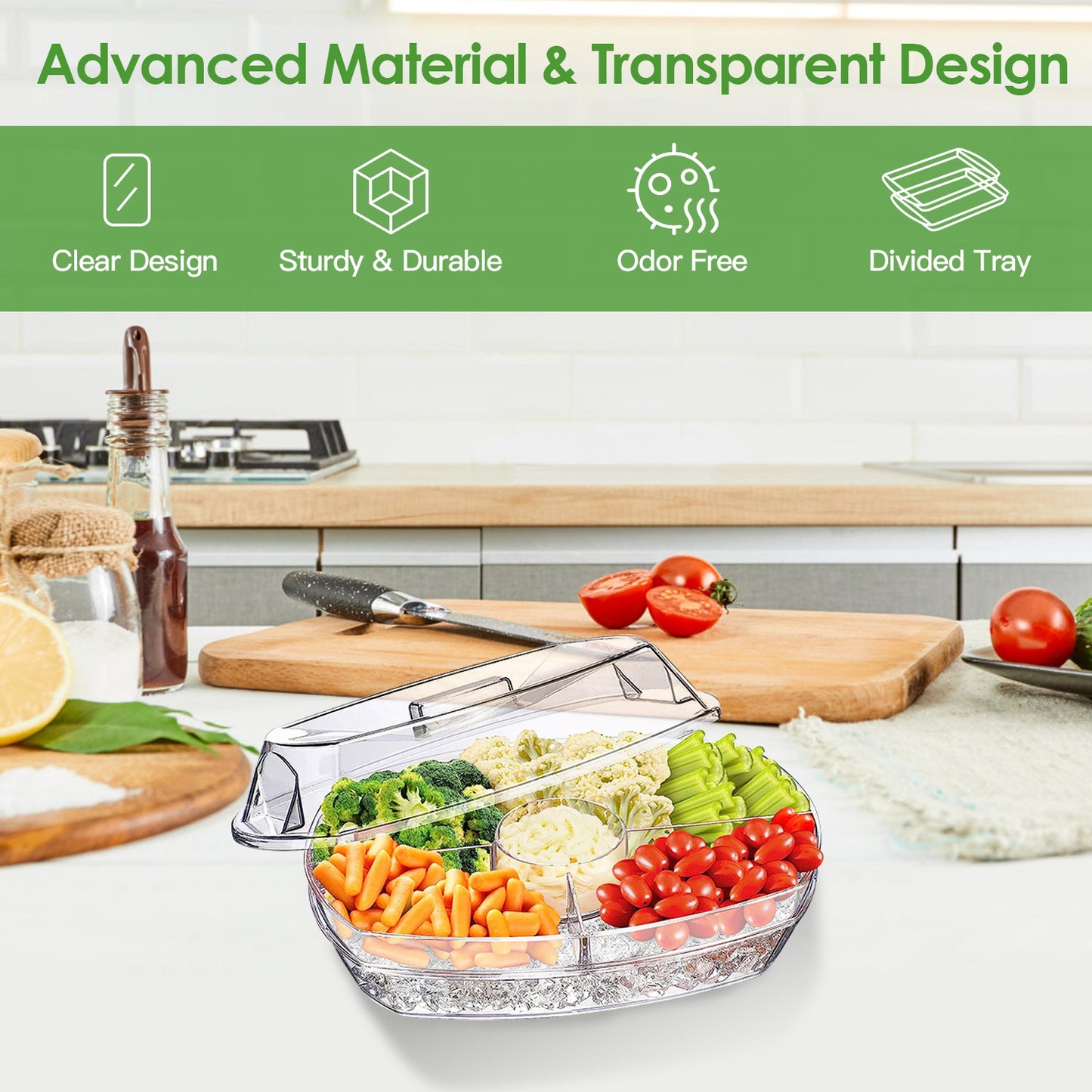 Chilled Veggie Tray with Lid & Compartments - 4-Section Serving Platter