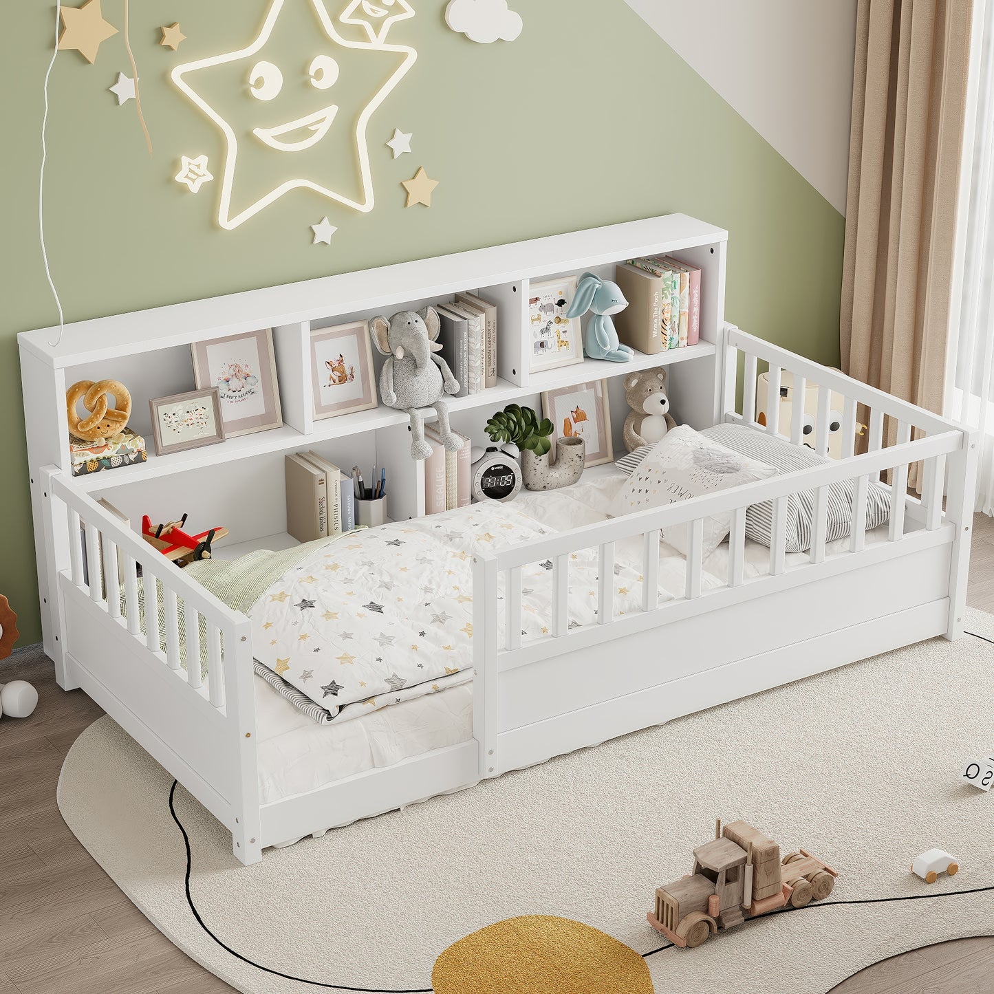 Twin-Sized Wooden Floor Bed with Fence Guardrail & Side Storage - White