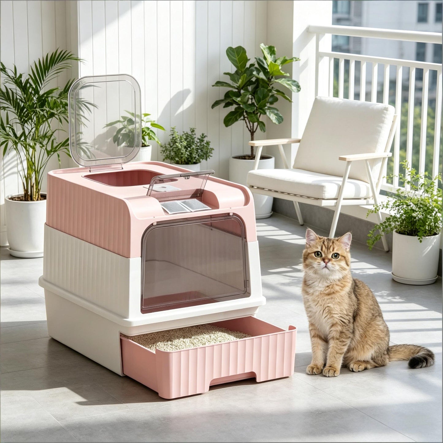 Compact Fully Enclosed Cat Litter Box - Pink & White