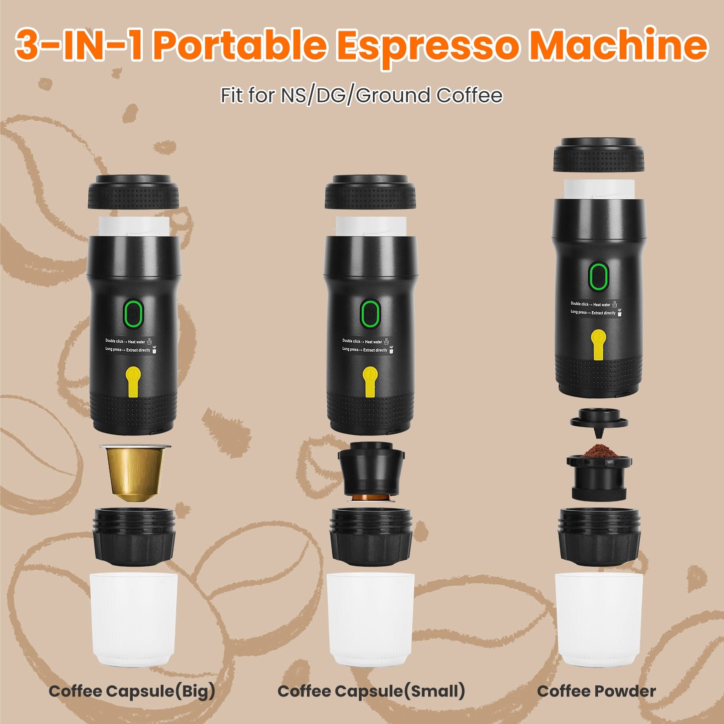 Cordless Portable Espresso Machine with Self-Heating for Ground Coffee and Capsules - Black