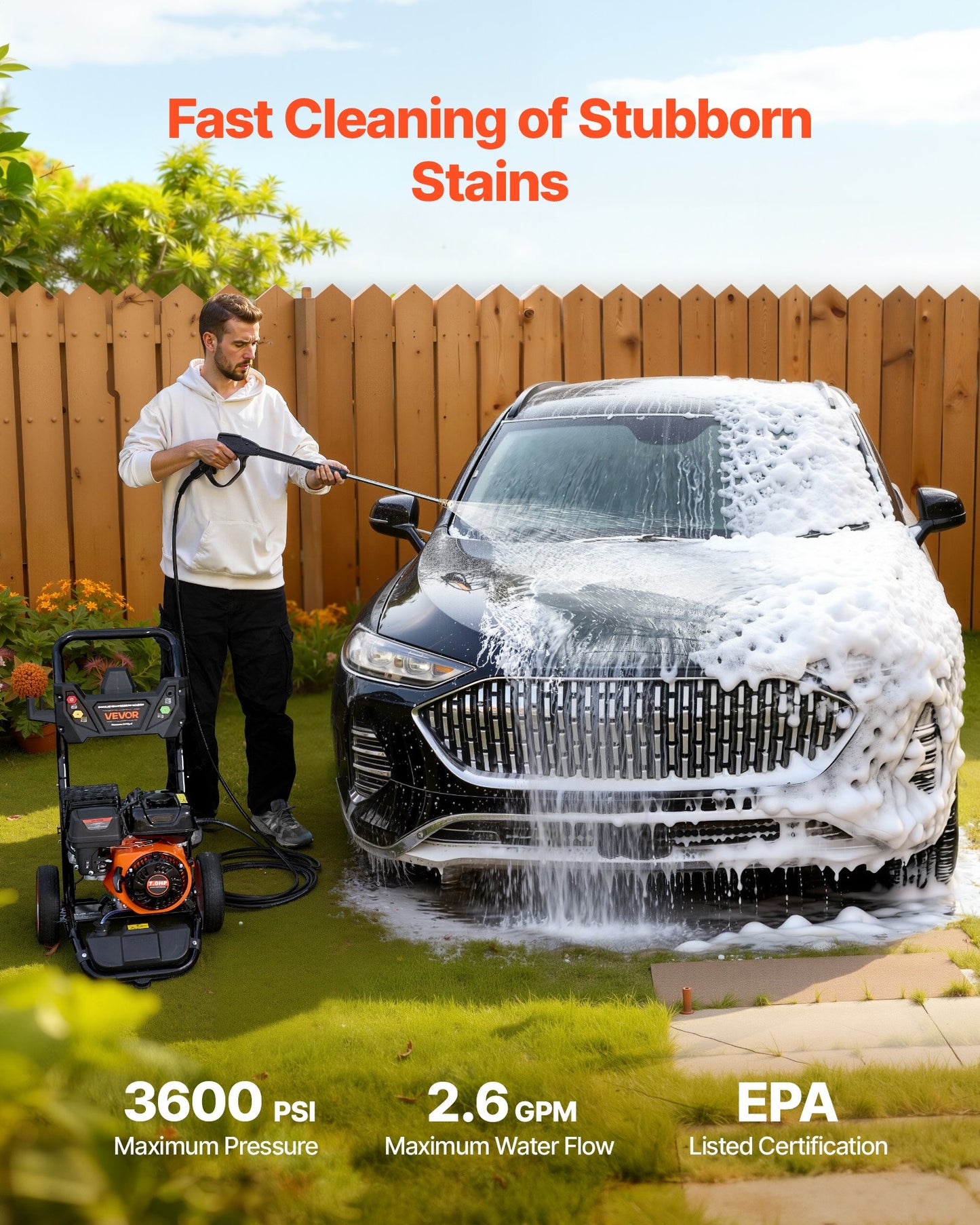 Gas Pressure Washer 3600 PSI 2.6 GPM with Copper Pump & Nozzle Set - Black