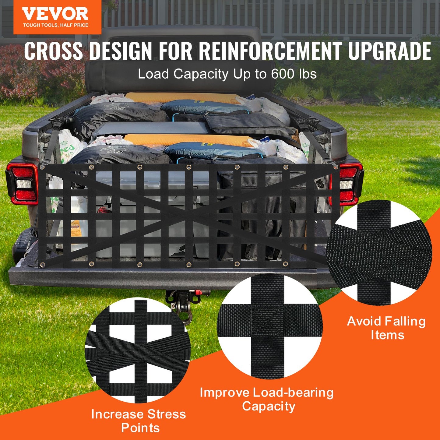 Pickup Truck Tailgate Net 54 x 18 Inches Adjustable Cross Design Heavy Duty