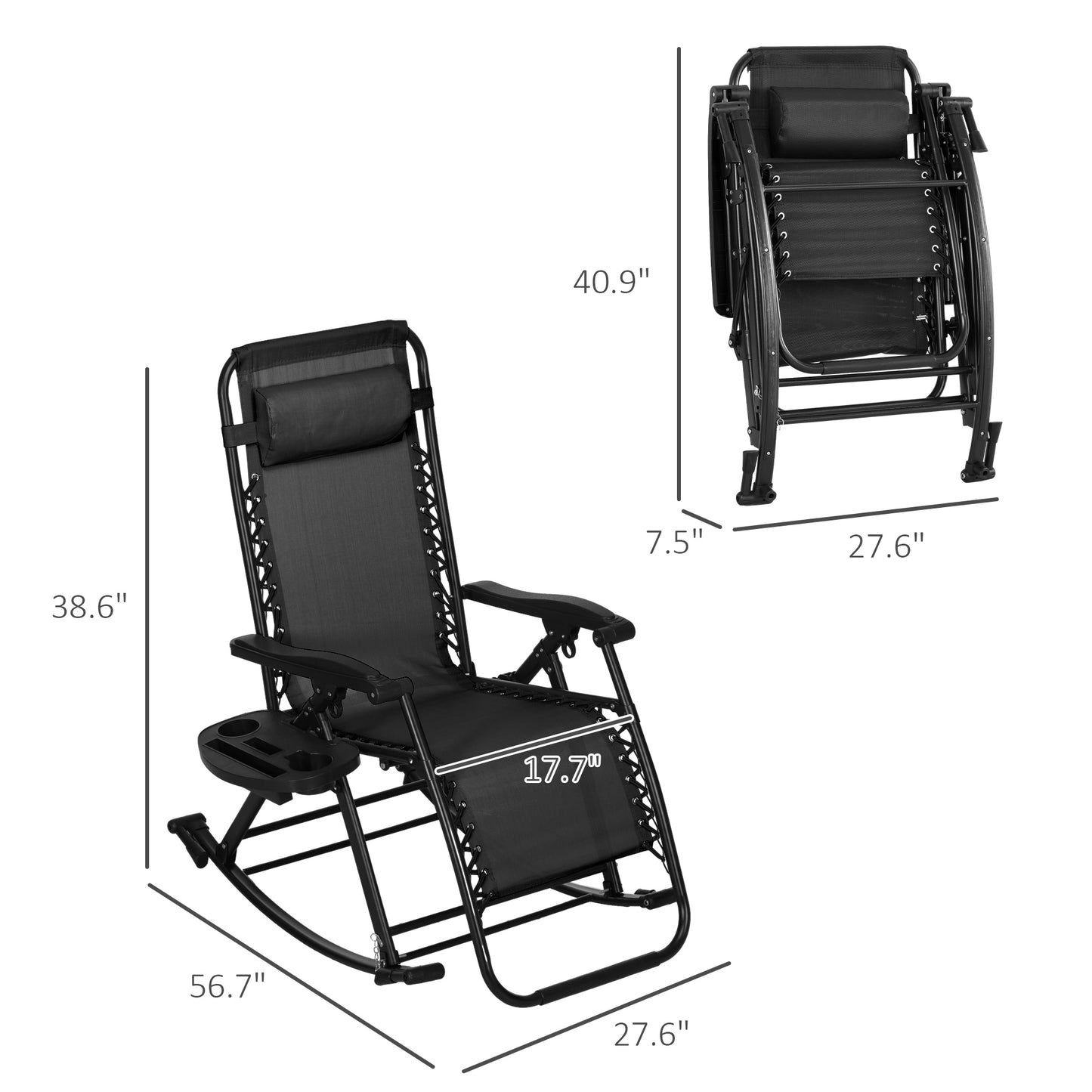 Set of 2 Foldable Zero Gravity Rocking Lounge Chairs with Cup Holders - Black