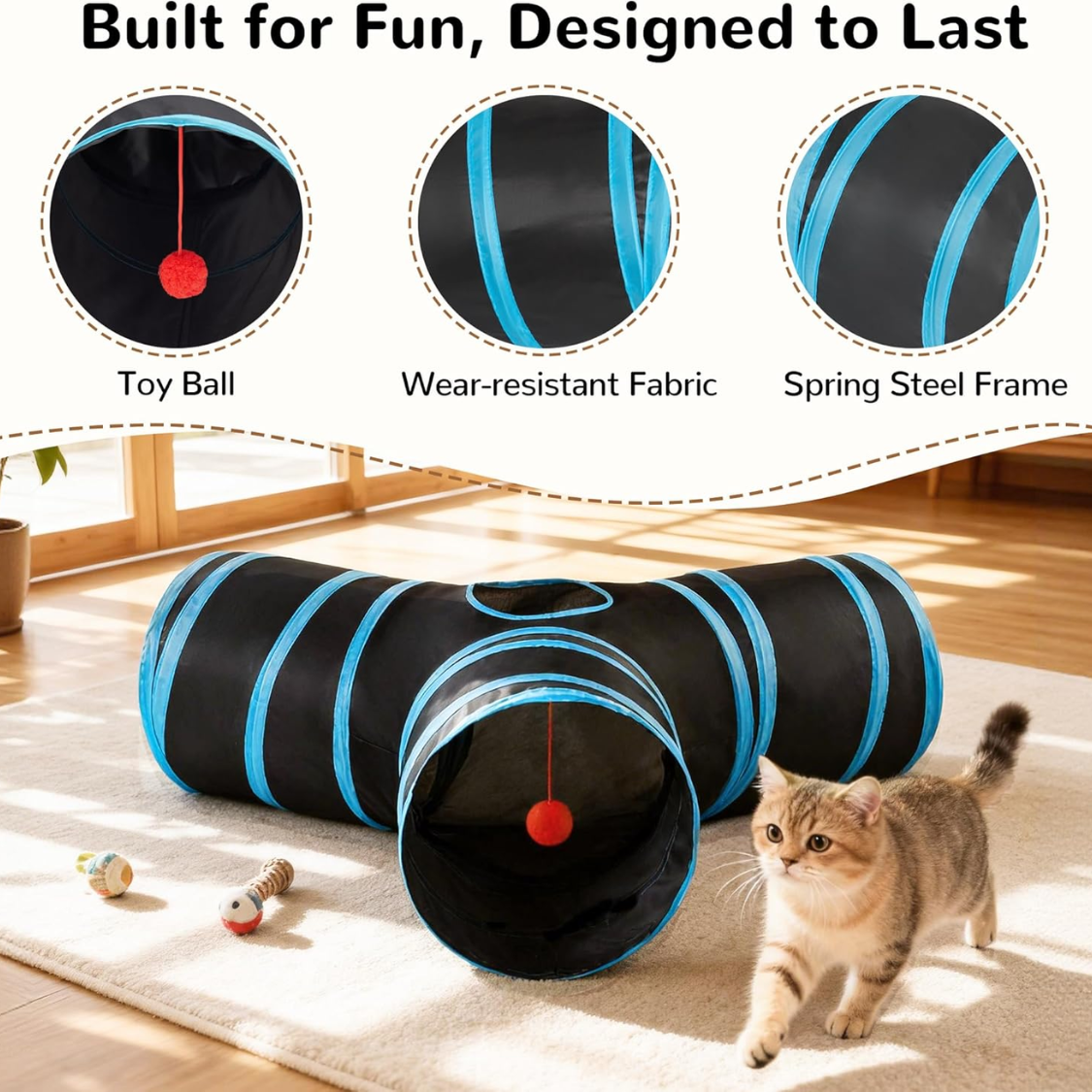 Collapsible Cat Tunnel Tube Toys for Indoor Cats with Peek Holes & Teaser Wand