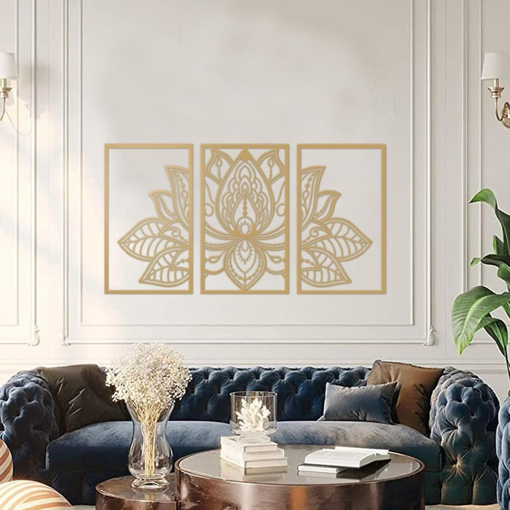 Golden Lotus Mandala Wall Art - Handmade Wrought Iron Decor