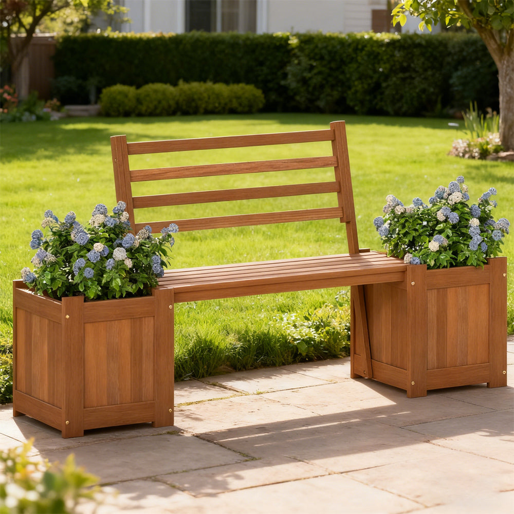 Wooden Planter Bench Set with 2 Open-ended Planter Boxes - Natural