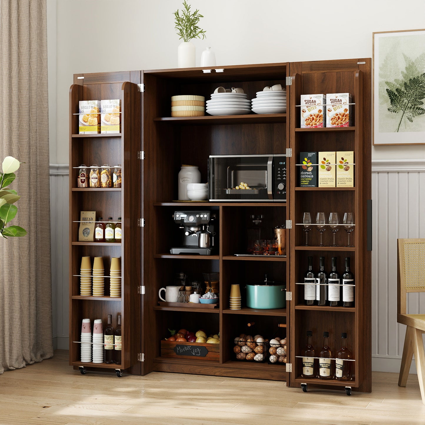 Walnut Kitchen Pantry Cabinet with Doors & Shelves - Freestanding Storage