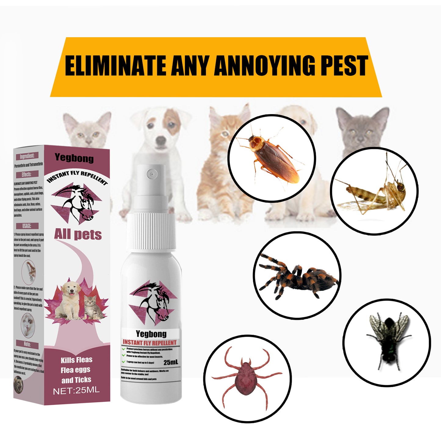 Pet Flea & Tick Spray - 25ml Pest Repellent for Dogs Cats Horses, Safe & Effective