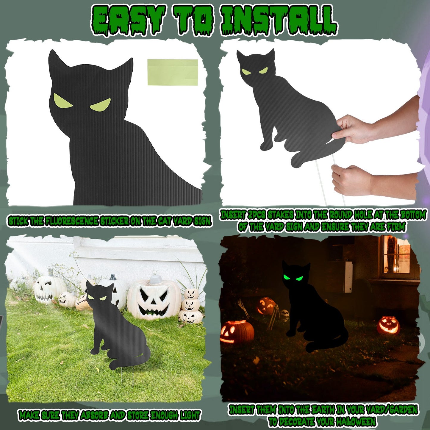 Glow In The Dark Halloween Yard Sign Set - 6 Pcs Skeleton & Cat