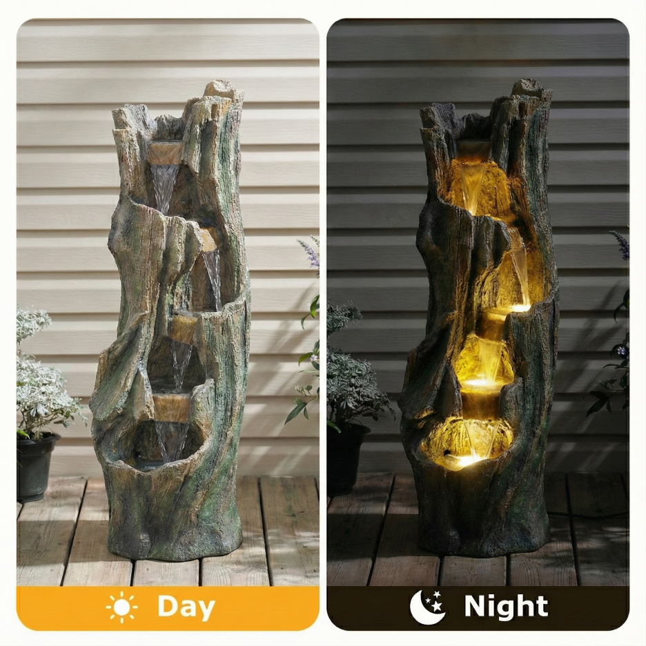 Outdoor Waterfall Fountain with LED Lights - Garden & Patio Decor, Grey