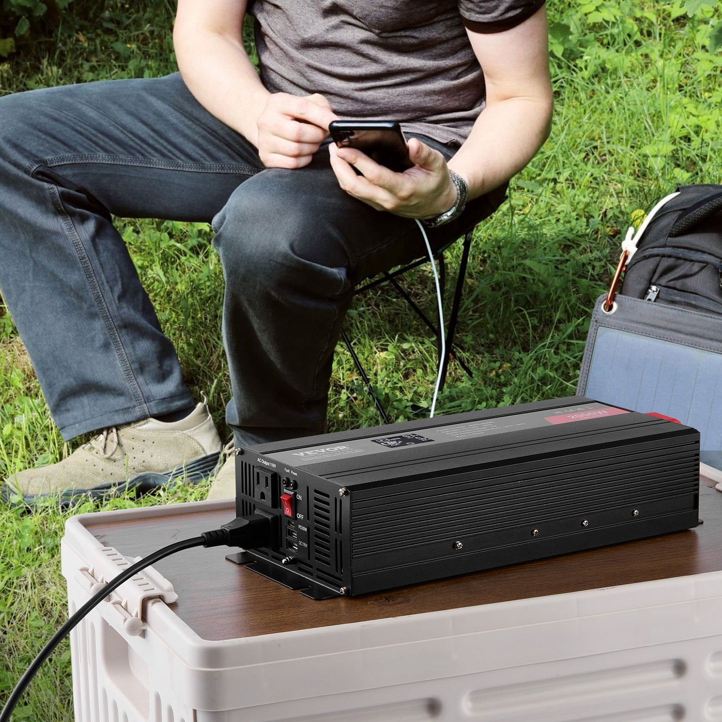 2000W Pure Sine Wave Power Inverter with 2 AC Outlets, USB & Type-C, LCD, Remote - 12V to 120V