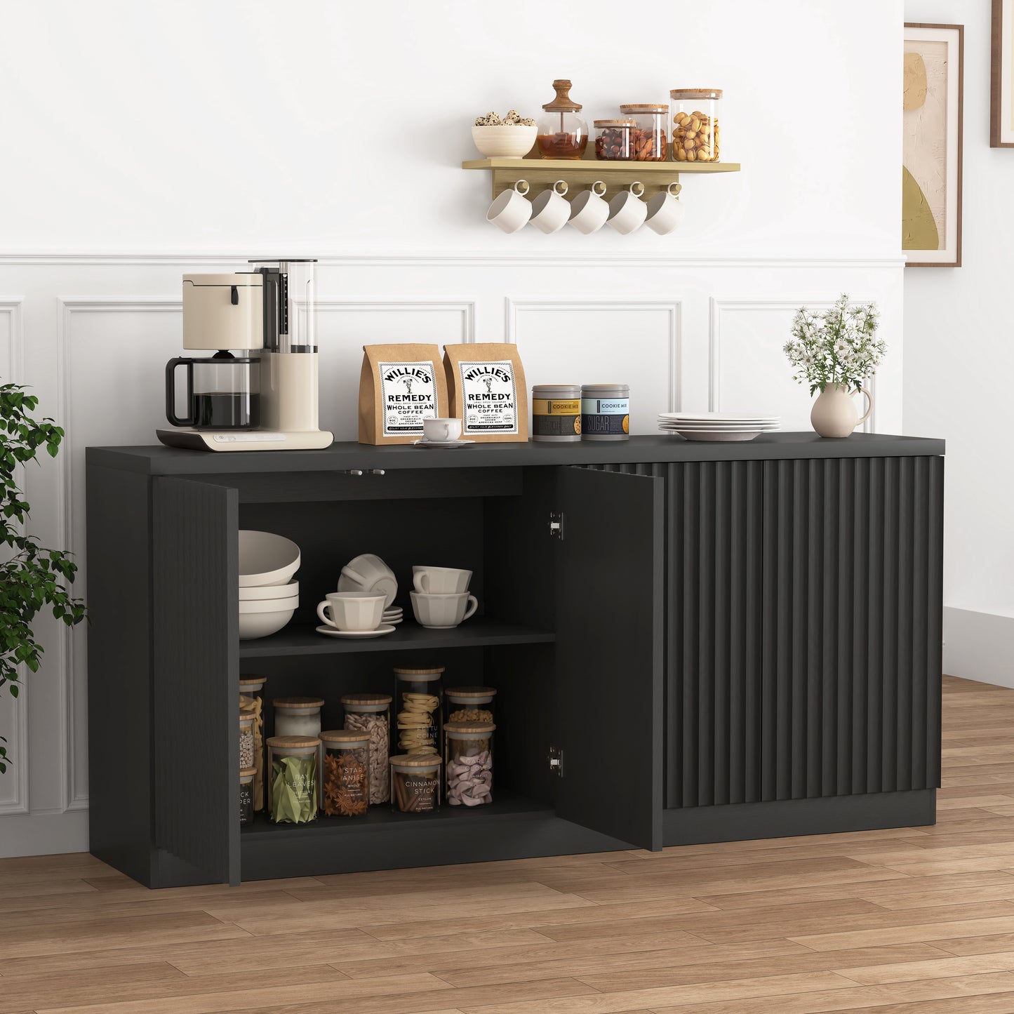Black Buffet Cabinet with 4 Doors & Shelves - 62.6" Sideboard