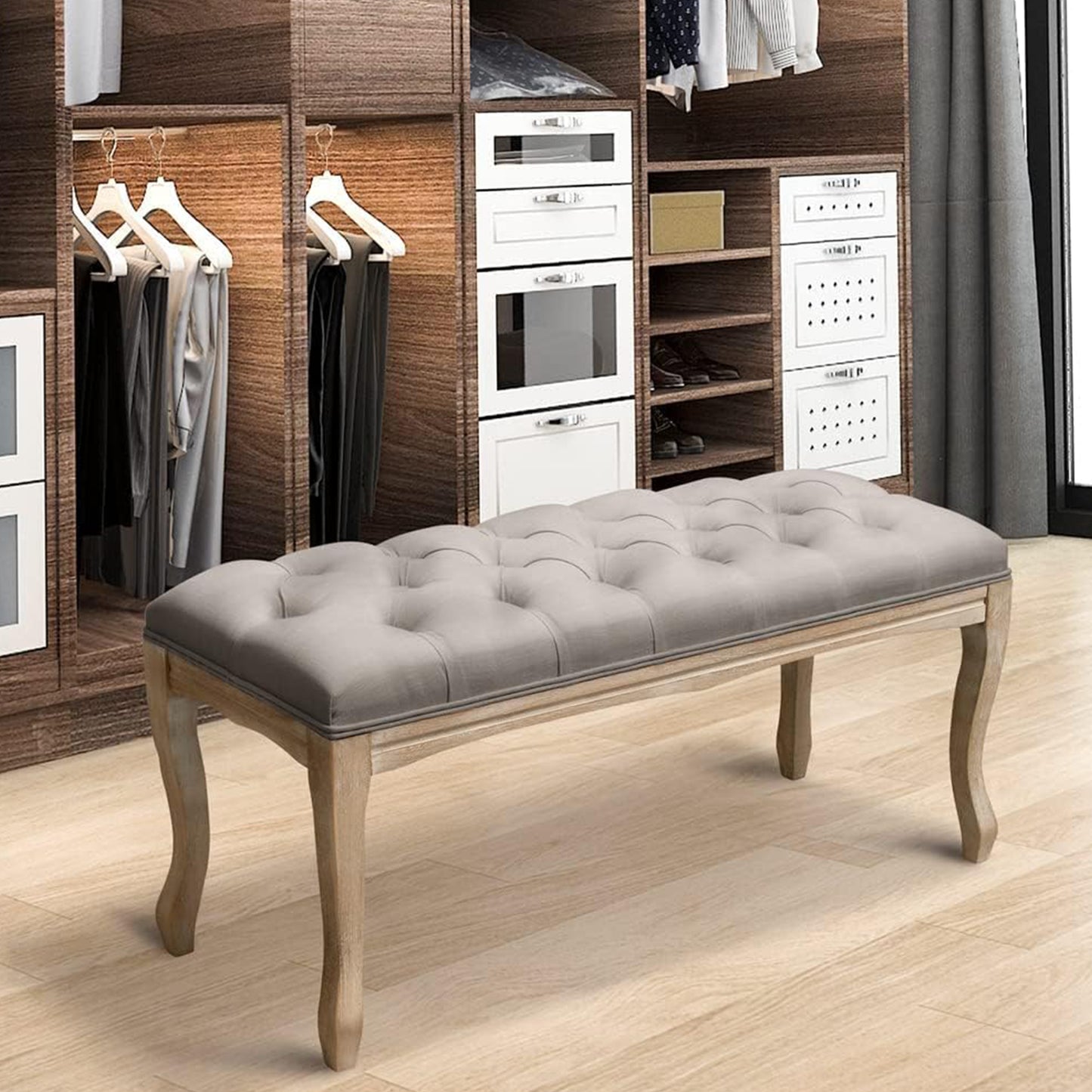 French Vintage Upholstered Bench - Grey Linen, 43.3"