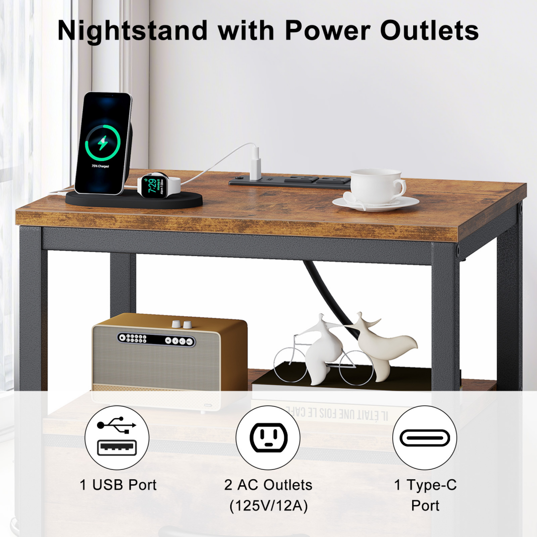 Compact Bedside Table with Charging Station and 2 Drawers - Brown