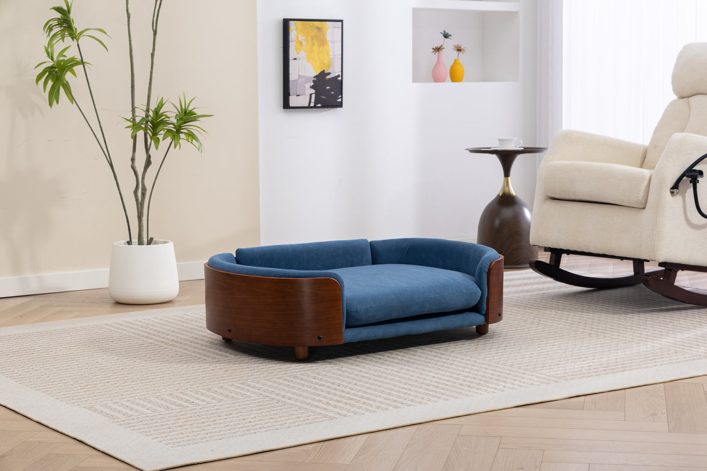Large Scandinavian Style Elevated Dog Bed with Velvet Cushion and Solid Wood Legs