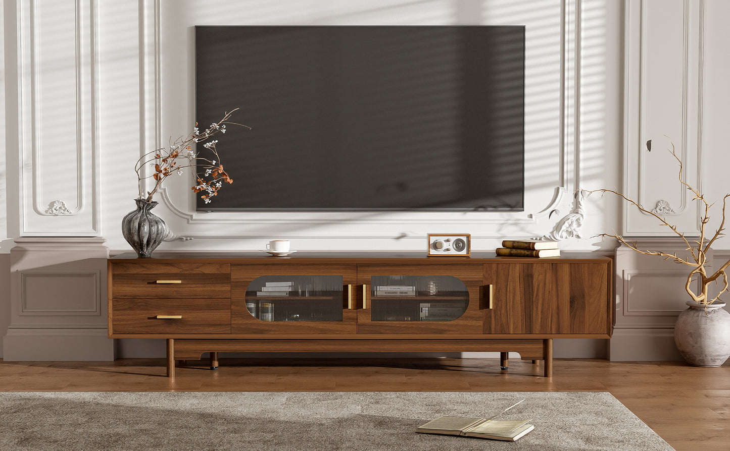 Modern 78-Inch TV Stand for TVs Up to 85" with Glass Doors & Drawers - Walnut